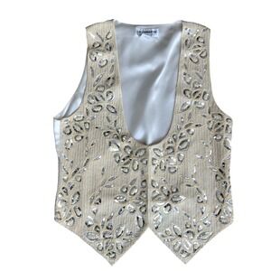 LIZ CLAIBORNE WHITE/IVORY SILK FRONT BEAD SEQUIN VEST SZ L #255